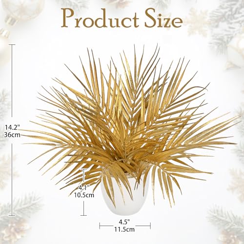 Briful Gold Christmas Centerpiece Artificial Palm Plant, 14.2’’ Faux Golden Leaf in White Pot, Holiday Table Decorations, Glitter Tabletop Décor for Home, Wedding, Office, New Year & Year-Round - Image 4