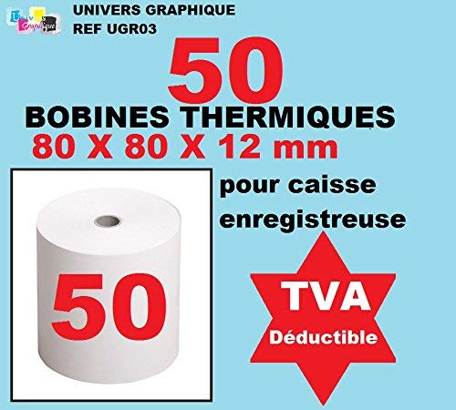 Bobine de 50 rouleaux papier Thermique, 80 x 80 x 12 mm ticket de caisse, pour imprimante de tickets de caisse ou caisse enregistreuse papier blanc haute qualité - Univers graphique réf UGR03 TVA déductible.