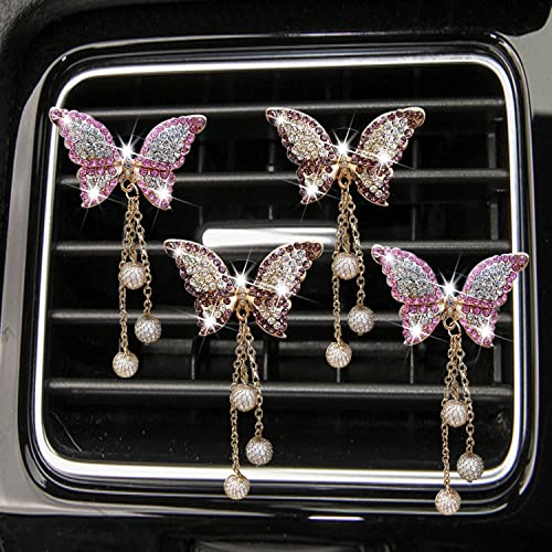4 in 1 Bling Butterfly Aromatherapy Air Vent Clips, Diamond Pearl Pendant Butterfly Car Air Fresheners, Cute Car Decoration, Interior Decor