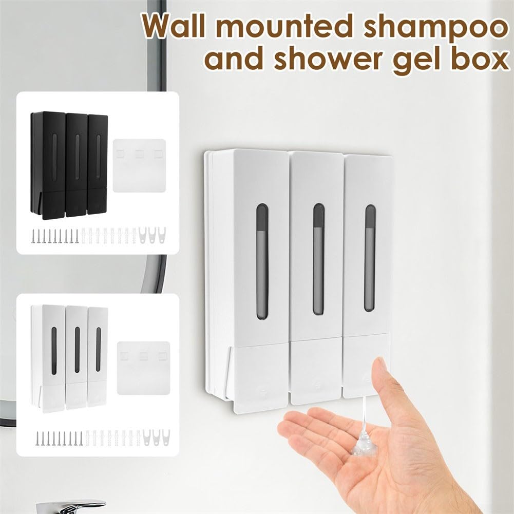 Dispenser di sapone da parete, per 3 scomparti da 400 ml ciascuno, per shampoo, gel doccia e sapone liquido, organizer da bagno in ABS, per casa, hotel, ristorante o bagni pubblici in