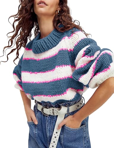Image of Yeokou Women Stripe Pullover Sweater Turtleneck Ribbed Knit Top Casual Fall Winter Chunky Knitwear