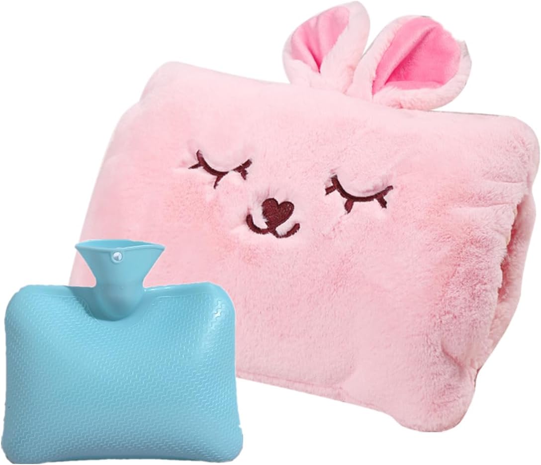 Cute Hot Water Bottle with Soft Cover，1.5Liter Portable Hot Water Bag for Menstrual Cramps，Hot Compress Heating Pad,Plush Bunny Hand Warmer（Spring Expressive Gift）