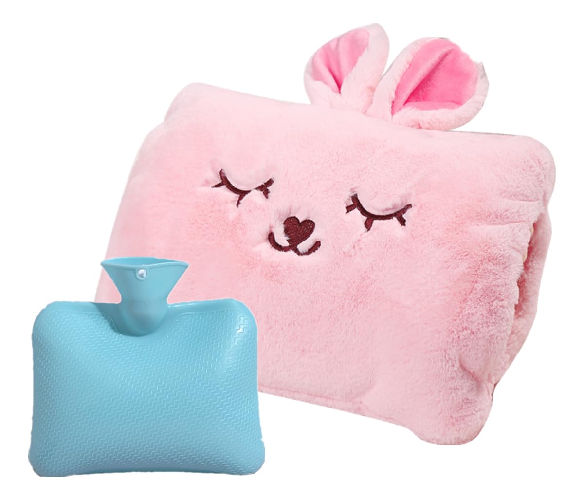 Cute Hot Water Bottle with Soft Cover，1.5Liter Portable Hot Water Bag for Menstrual Cramps，Hot Compress Heating Pad,Plush Bunny Hand Warmer（Spring Expressive Gift）
