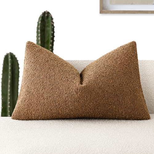 Image of Foindtower Decorative Textured Boucle Throw Pillow Covers Accent Solid Lumbar Pillow Cases Neutral Soft Cozy Couch Cushion Case for Chair Sofa Bedroom Living Room Home Decor 12x20 Inch,1PC,Hazel Brown