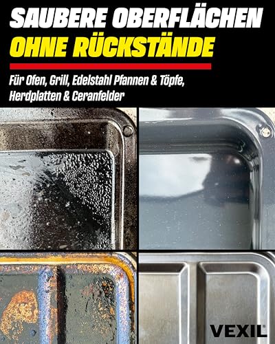 VEXIL Backofenreiniger EXTRA STARK – Doppelter Wirkstoff gegen Eingebranntes – hochkonzentriertes Haftgel – Grillreiniger & Fettlöser – für Backofen, Grill & Herdplatten – 750 ml – Made in Germany