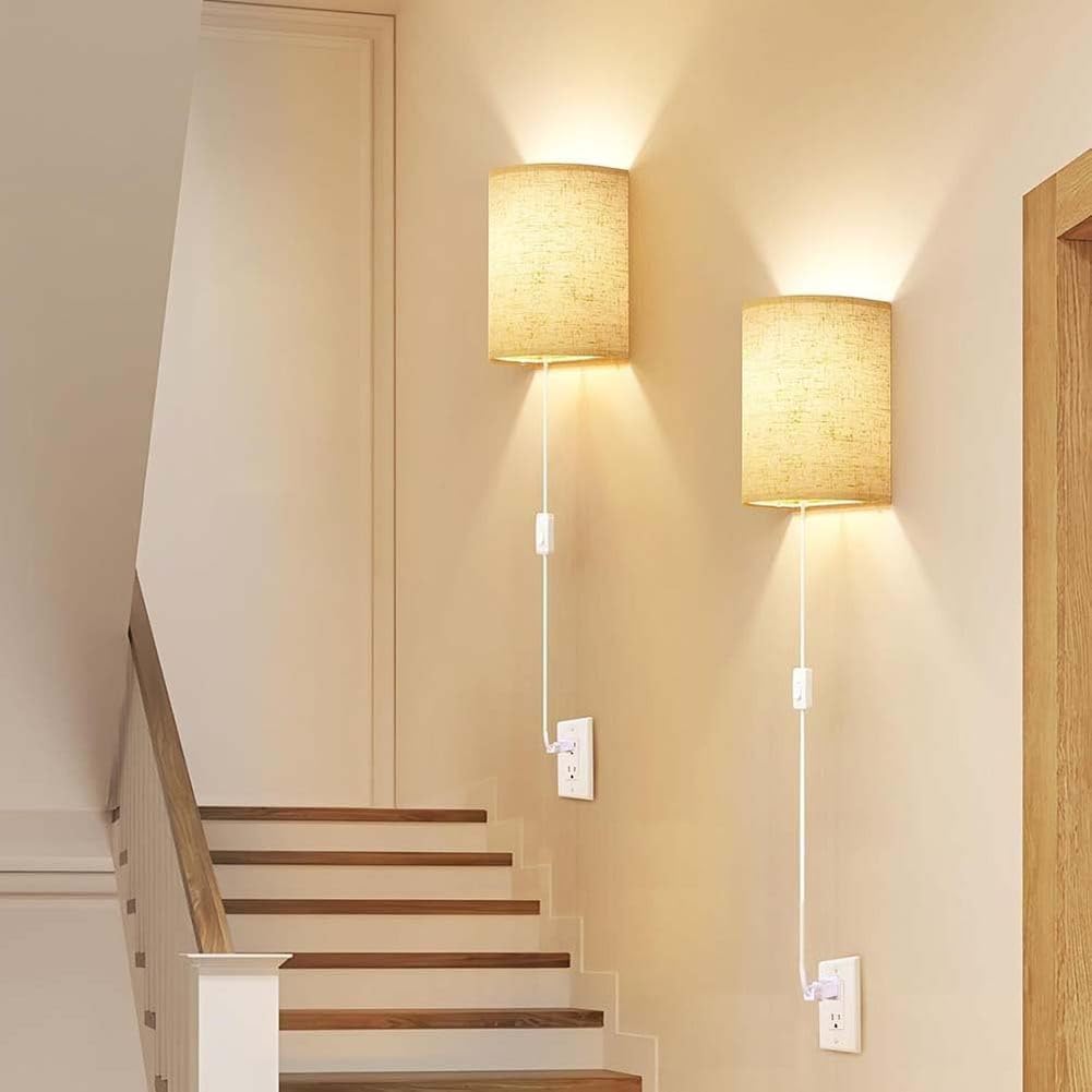 AoLa E27 Wandleuchte Innen mit Schalter und Stecker Retro Stoff Wandlamp mit Kabel 3 Farbtemperaturen Nachttischlampe Up Down Beleuchtung Rustikale für Wohnzimmer Schlafzimmer Flur 2 Stück