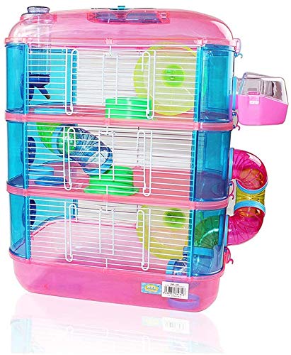 Jaulas para Hamster de plástico Duro, Jaula de Hamster XL 3 Pisos Hamster caseta Bebedero comedero Rueda Todo Incluido 40 * 26 * 53cm Color Aleatorio.