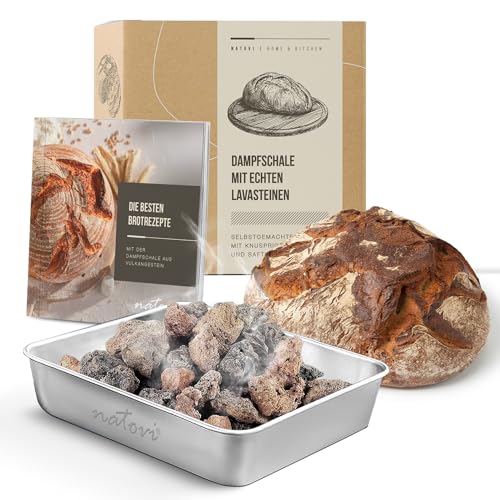 Natovi - Premium Dampfschüssel mit natürlichen Lavasteinen incl. Rezeptbuch - Brotbackzubehör mit gebrannten Lavasteinen für intensiven Dampf - Lavasteine Backofen