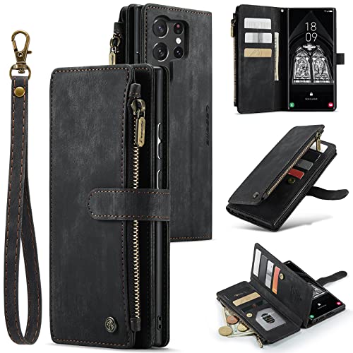 UEEBAI Handyhülle für Samsung Galaxy S23 Ultra, Retro Reißverschluss Hülle PU Leder Weiche Klapphülle Magnetverschluss K...