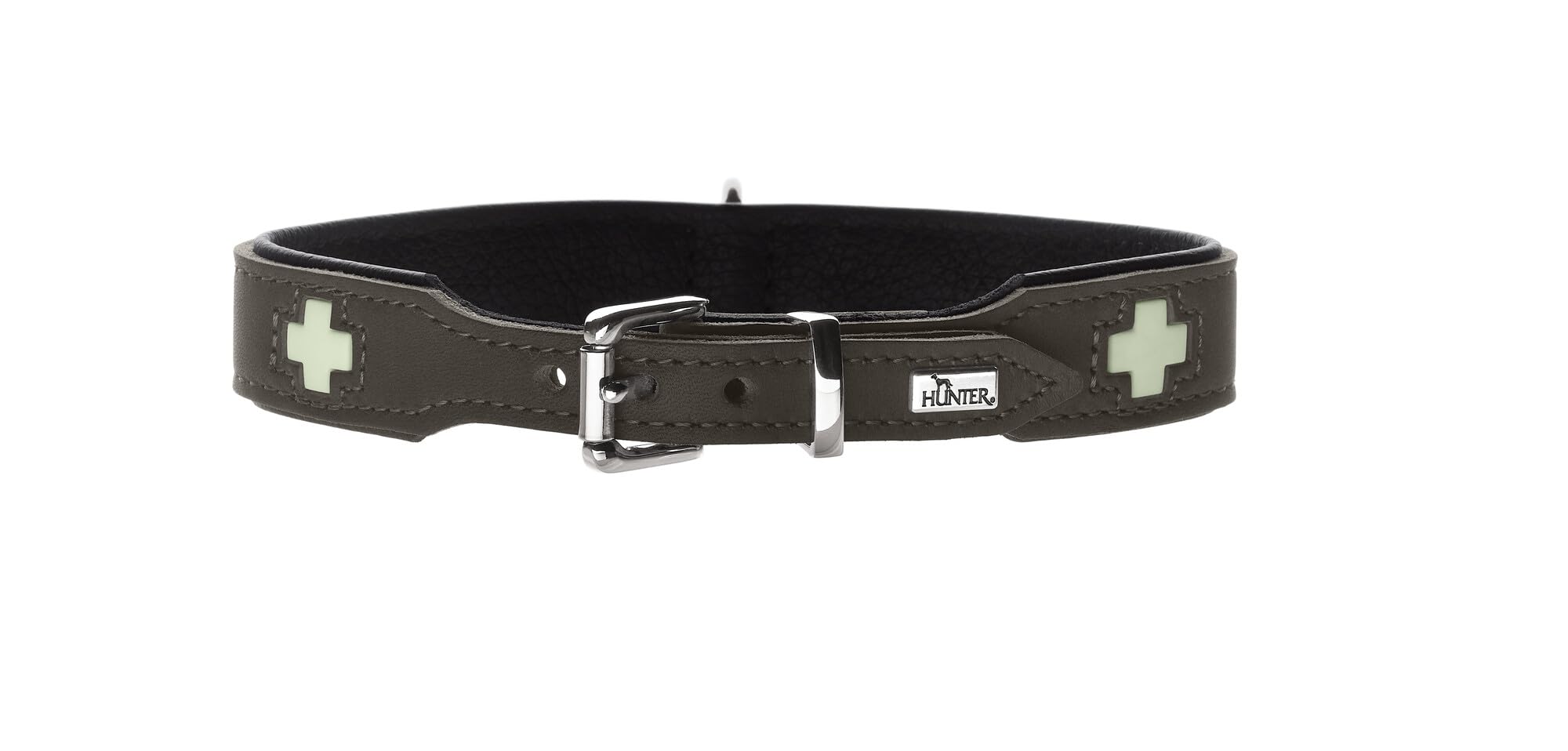 HUNTER Hundehalsband Swiss Glow aus weichem Rindsleder, Fluoreszierende Kreuze leuchten im Dunkeln, handgenäht, Made in Germany, Farbe: steingrau, Größe: 42