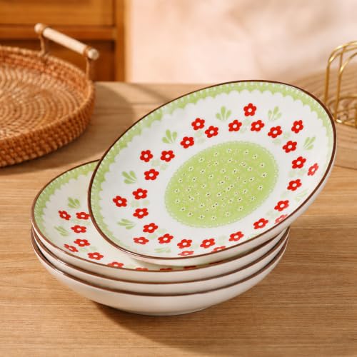 Image of Ceramic Pasta Plate, 20.4 cm Porcelain Dinner Plates, Microwave & Dishwasher Safe, Food Grade Ceramic, Deep Serving Plate for Pasta, Salad, Soup, Curry & Noodles (Green & Red Floral Design, PACK OF 4)