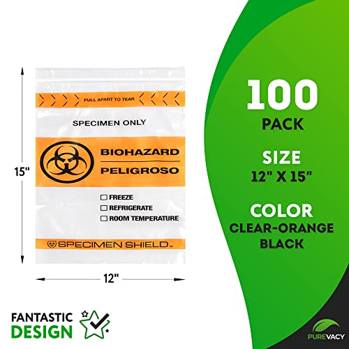 Image of Biohazard Specimen Bags, 12 x 15 Inches. Pack of 100 Clear Orange Biohazard Bags. 3-Wall Polyethylene Speciman Bag, 2 Mils. Waterproof Plastic Bag with Pull-to-Tear Zipper and Hazard Sign