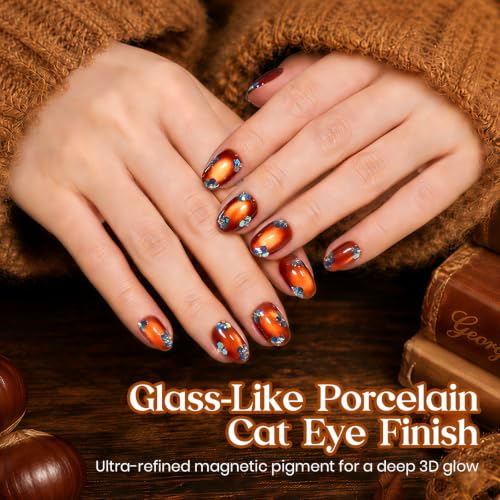 Image of Beetles Caramel Gold Cat Eye Gel Nail Polish - 15ML Amber Brown Glass Cat Eye Magnetic Gel Polish with Magnet Golden Orange Brown Gel Polish for Fall Nails Soak Off UV Nail Art Gift