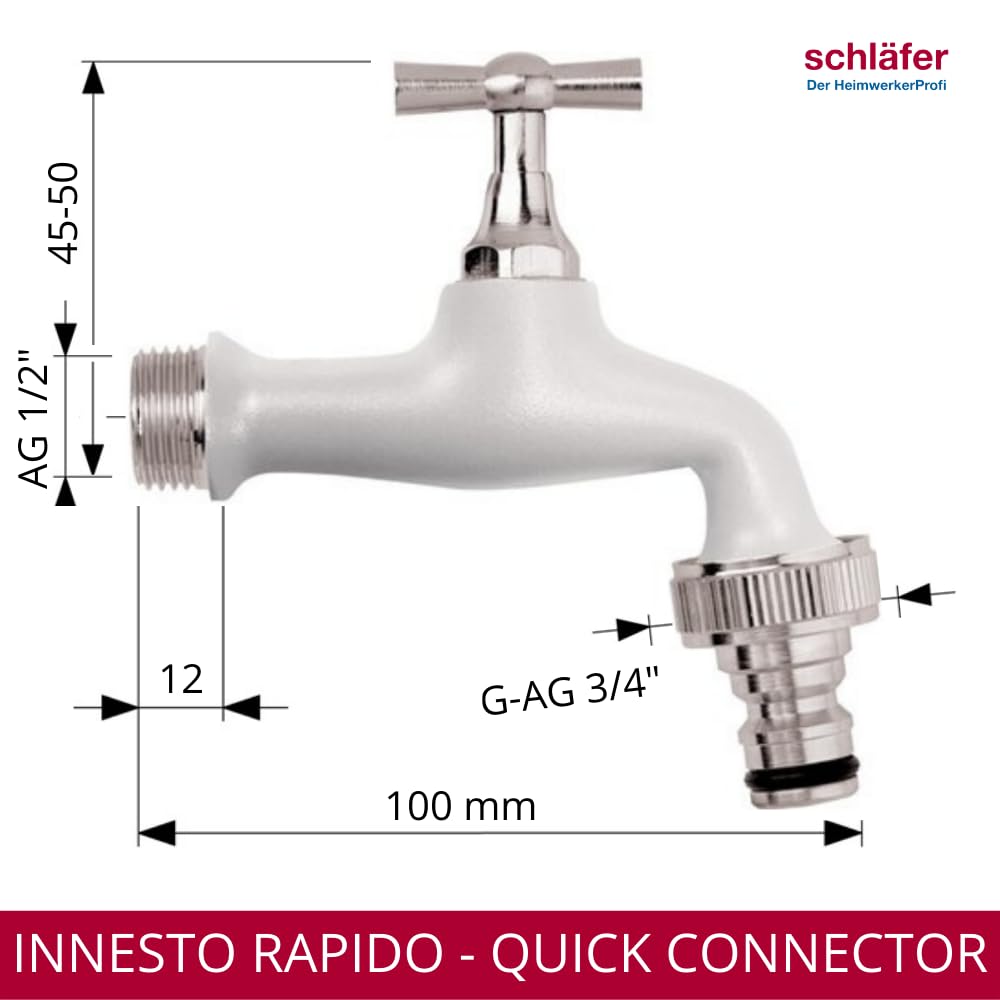 Schläfer 435120 | Grifo de jardín colorido 1/2" x 3/4" de latón, con soporte universal de acoplamiento rápido, grifo de exterior para fuentes, color blanco
