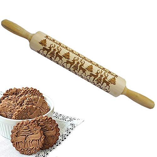 Woo-Well Rodillo de amasar de madera, patrones de alce de Navidad Rolling Pin, con rodamiento de bolas, estable y duradero (Dimensiones: Ø 5 x 43 cm)