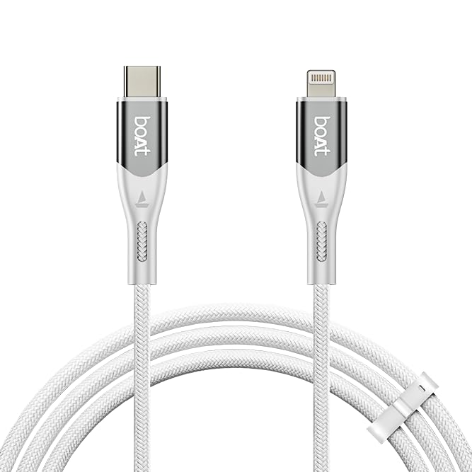 Boat Type C to Lighting Cable for 27W Fast Charging | 480 Mbps Data Transfer | 1.2 m (3.9 ft) Perfect Cable Length | Premium Nylon Braiding | Durable & Tangle-Free | with Silicon Tie (Arctic White)