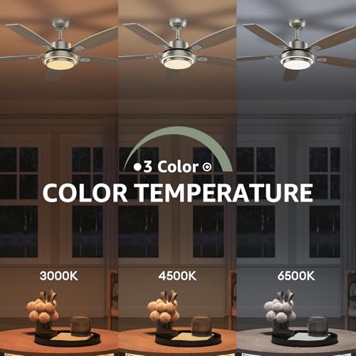 52 Inch Nickel Ceiling Fans with Lights and Remote Control for Bedroom, Modern Ceiling Fan with Quiet Reversible DC Motor, 3CCT, Dimmable, LED for Living Room, Patio, Indoor and Outdoor