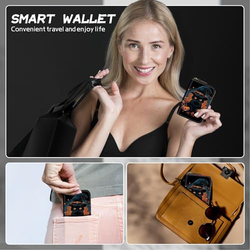 Image of Cute Credit Card Holder with Zipper, Black Cat Halloween RFID-Blocking Card Case Small Wallet for Women Men, Multi-slot Card Organizer Case Travel Accordion Wallet