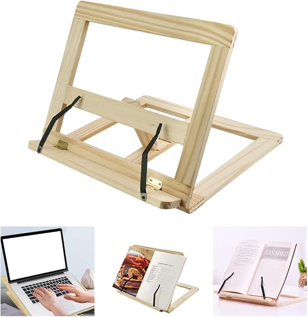PERFETSELL Bamboo Cookbook Stand Holder Adjustable Recipe Book Stand Reading Rest Cookery Books Holder Foldable Bookrest Tablet Stand Magazine Book Easel Tray with 2 Metal Page Holders for Books iPads