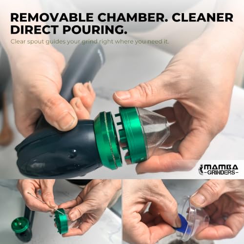 Image of Mamba Original USB One-Hand Spice Grinder with Aluminum Teeth, Gray | Aluminum teeth, one-handed prep, clear cone spout, USB cable, cleaning tools, reverse grinding, portable convenience