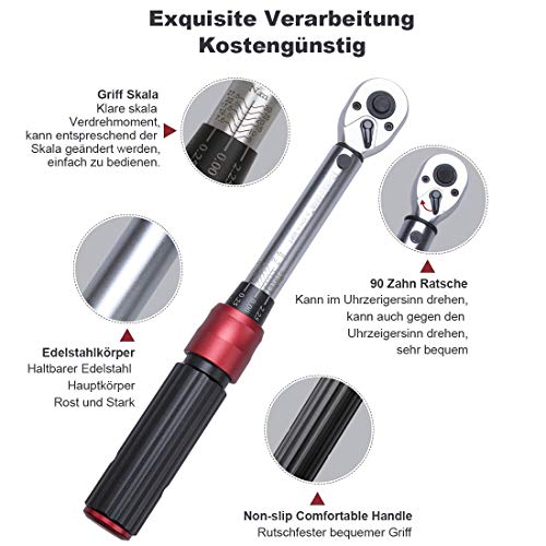 FOURROBBER Drehmomentschlüssel 1/4' Fahrrad & Motorrad 5-30NM Set, 90-Zahn-Drehmomentschlüssel mit...