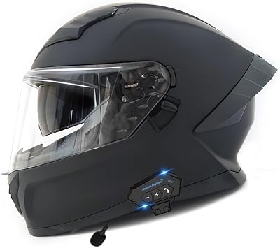 Full Face Motorcycle Bluetooth Integrated ATV Helmet with Built-in Dual Speakers Microphone DOT Approved Adults Men Women Flip-Up Dual Visor Street Bike Racing Helmet for Moped Cruiser