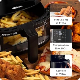 Ariete 4626 Friggitrice ad aria 6L, 1300 W, Capacità 6L, Capacità di cottura 2,5kg, 8 programmi preimpostati, Temperatura fino a 200°, Cestello trasparente, BPA Free, Nero