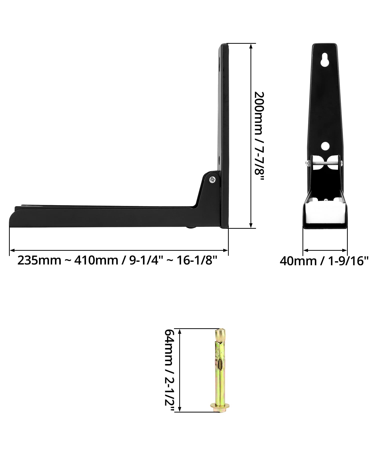 QWORK® 2-częściowy uchwyt ścienny do mikrofalówki, z ramionami teleskopowymi 230-400mm, czarny, do większości kuchenek mikrofalowych, w tym materiał montażowy