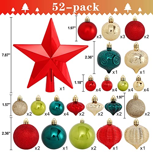 Christmas Ornaments Set, 52 Pack Red Green Gold Christmas Tree Ornaments Set With Shatterproof Hanging Decorative Baubles And Star Tree Topper Christmas Decoration For Tree Home Office Party Holiday #TOP4