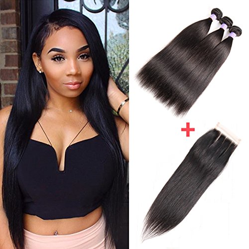 AMZTMY Brazilian Straight Virgin Hair 3 Bundles With 3 Part Closure 100% Unprocessed Hair Extensions Remy Human Hair Weft Weave With 4×4 Lace Closure Natural Color (20 22 24+18inch Three Part)