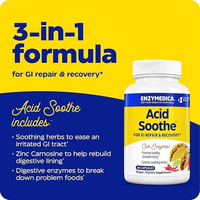 Image of Enzymedica Acid Soothe Supplement for Women & Men - 90 Capsules | Occasional Heartburn & Stomach Lining Support, Natural Reflux Support, Digestive Enzymes, Marshmallow Root & Zinc Carnosine