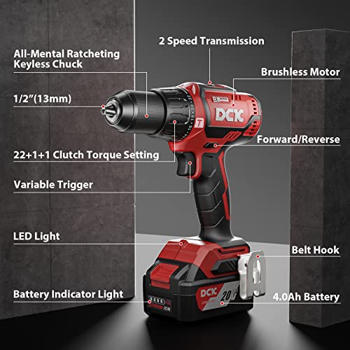 Dck Brushless Hammer Drill, 20V Hammer Drill Cordless, 531In-Lb, 1/2" All-Metal Chuck, Variable Speeds, 22+1+1 Torque Setting, 4.0Ah Battery & Charger, Drill Kit For Concrete, Metal, Wood (Kdjz05-13) #TOP7