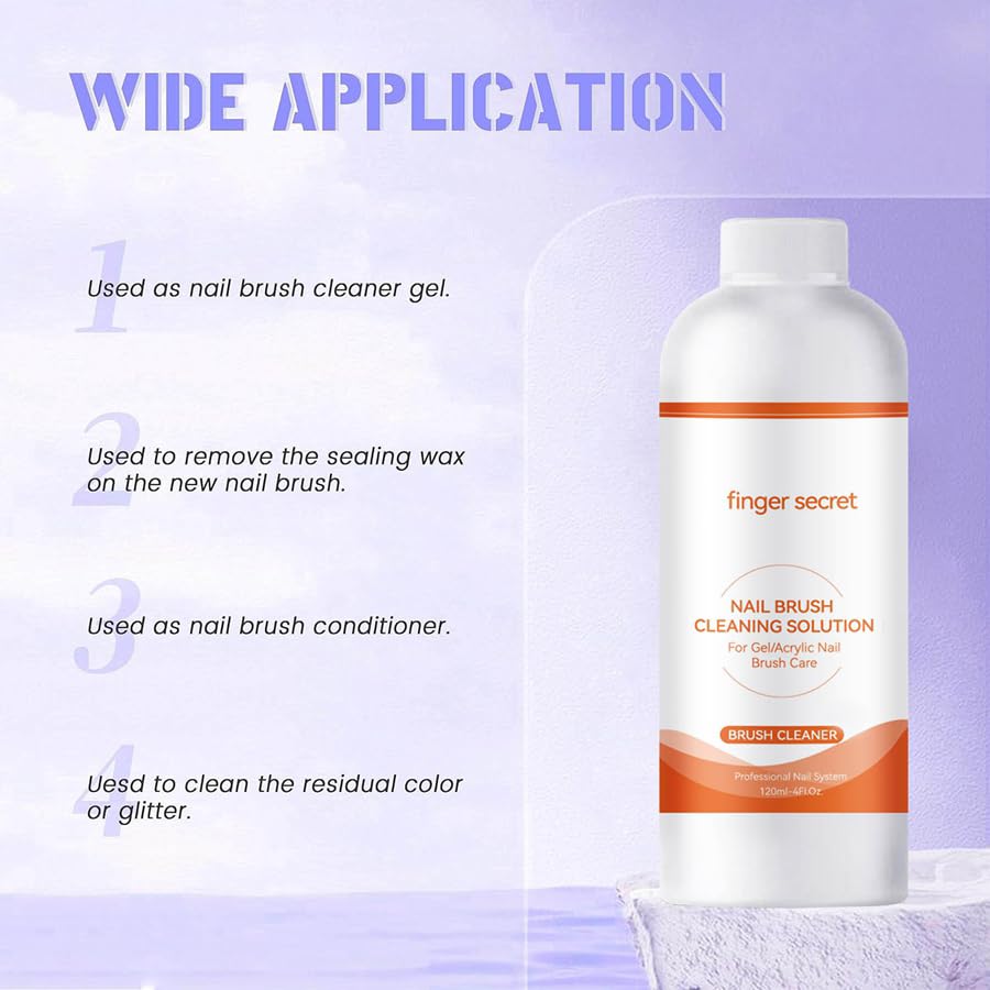 Nail Brush Cleaner Brush Cleaner 4fl.oz 120ml Remover Cleanser Clean and Care Acrylic Nail Brushes Gel Nail Polish Brushes Nail Brushes 50 cotton flakes crystal glass Nail Tech Supplies