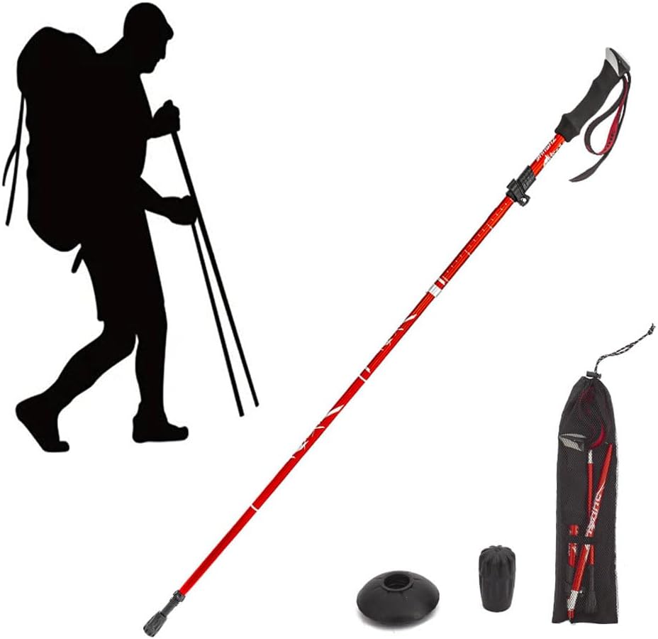 Goodern Collapsible Trekking Poles,Lightweight Travel Hiking Poles Aluminum Alloy Walking Sticks for Hiking with Telescopic & Foldable Tri-fold Design with EVA Grip for Women Men,Hiking,Camping-Red