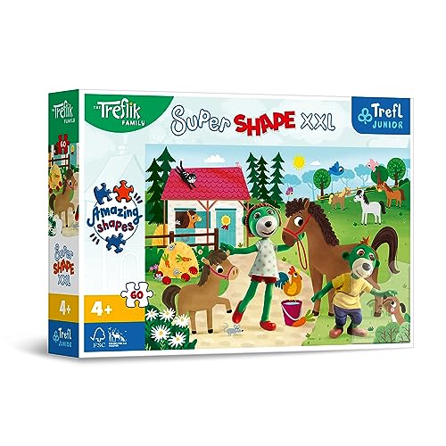 Trefl Junior-The Treflik Family Les Trefliki à l'Écurie-Puzzle 60 XXL Super Shape-Puzzle en Forme Originale, Loisir pour Enfants à partir de 4 Ans