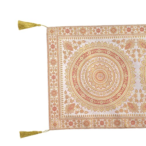 Image of Diwali Decor Brocade Jacquard Silk Table Runner Long Runner for Dinning & Centre Table Mandala Print 72 x 16 Inches (White)