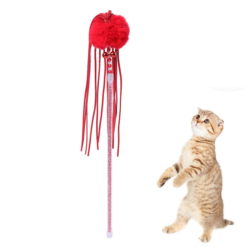 YCANK Tassel Cat Toy Kitten Rod Interactive Toy Soft Ball Cat Feather Bell Toy Pet Supplier (Red)