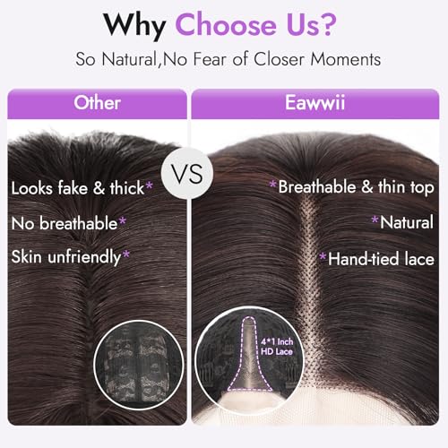 Image of Eawwii Dark Brown Highlights Wigs for Women,Short Wavy Synthetic Lace Wig | Glueless 4x1 Lace Hairline, Heat-Resistant Fiber,Bob Wave Style,Natural Appearance for Everyday Cosplay 14 Inch