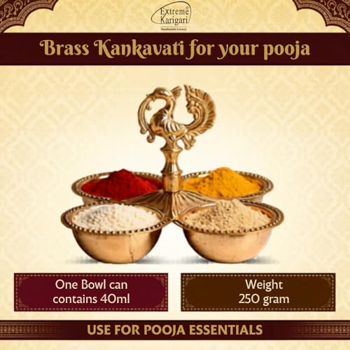 Image of Brass Kankavati Haldi Kumkum Container | Traditional Pooja Sindoor, Chawal Holder | Peacock Design 4 Bowl Pooja Accessory for Festivals, Gifting & Home Mandir (Brass Polished, Large)