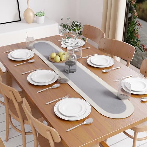 Image of Encasa XO Table Runner for 4 Seater | Handmade Ribbed Style Cotton | 30x137 cm | Light Grey & Off White | for Dining & Center Table