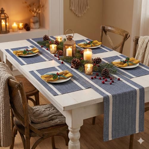 Image of YELONA Dining Table Placemats and Runner Set - Heat Resistant, Washable, Stain Resistant Mats - Woven Vinyl Plastic - Easy to Clean-(45x30 cm 4 Placemats, 135x30 cm 1 Runner)-Ideal for Stylish Dining