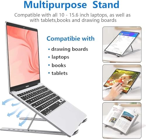 Image of J.M Party & Fun 7 Angles Adjustable Aluminum Ergonomic Foldable Portable Tabletop Laptop /Desktop Riser Stand Holder Compatible for MacBook, HP, Dell, Lenovo & All Other Notebook (Silver)
