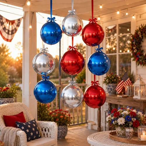 Image of 9 Pcs Red Blue Silver Round Foil Balloons,22 Inch Round Balloons | Red Blue Silver Giant 4D Round Ball Balloons For Patriotic Birthday Graduation Sports Party Decorations