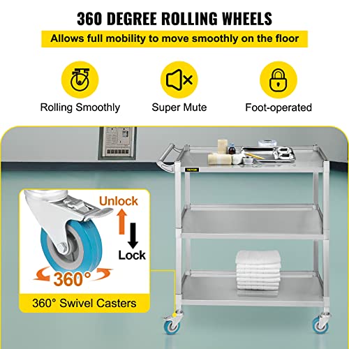 Vevor Lab Utility Cart, 220 Lbs Weight Capacity Rolling Lab Cart, 3 Shelves Mobile Clinic Cart, Sturdy Stainless Steel Frame Lab Trolley, 360° Silent Rolling Wheels W/Foot Brake, For Lab Clinic Salon #TOP4