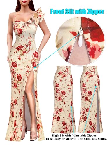Image of VFSHOW Womens Ruffle One Shoulder Strap Ruched Formal Prom Wedding Maxi Dress V Neck Elegant Split Cocktail Evening Long Gown