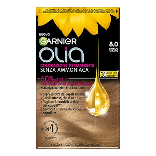 Garnier Olia Tinta Capelli, Colorazione Permanente Senza Ammoniaca, Copre il 100% dei Capelli Bianchi, Con Oli di Fiore di Origine Naturale, Formula Vegana, Biondo Chiaro
