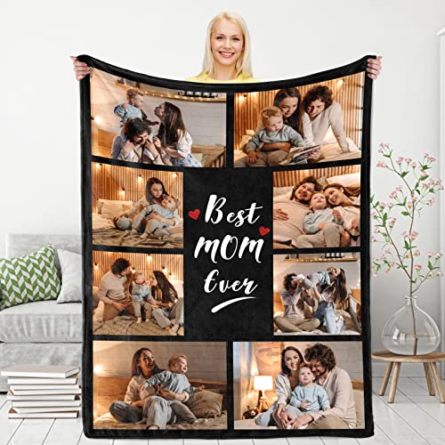 Ecautly Best Mom Ever Custom Blanket - Personalized Flannel Blanket with Photos for Birthday Gifts from Daughter Son - I Love You Mom Customized Blanket