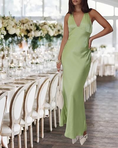 Image of Women's Satin Dresses Summer Bodycon Sexy Halter V Neck Backless Elegant Formal Prom Cocktail Wedding Guest Maxi Dress
