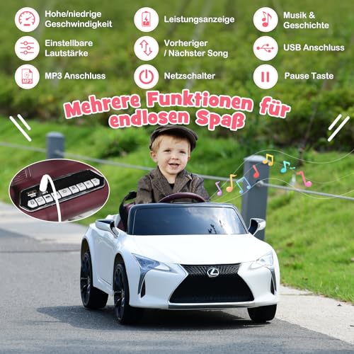 GOPLUS 12V Kinder Elektroauto Lexus LC500, Elektrofahrzeuge mit 2,4G Fernbedienung, Kinderauto Elektrisch mit 2 Türen & 2 Geschwindigkeiten & USB & Hupe & Musik, für Kinder 3-8 Jahren (weiß) – Bild 5