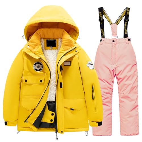 Toddler Kids 2pcs Snowsuit Sets Boys Girls Winter Waterproof Snow Suit Puffer Hooded Jacket and Snow Bib Pants Ski Suit